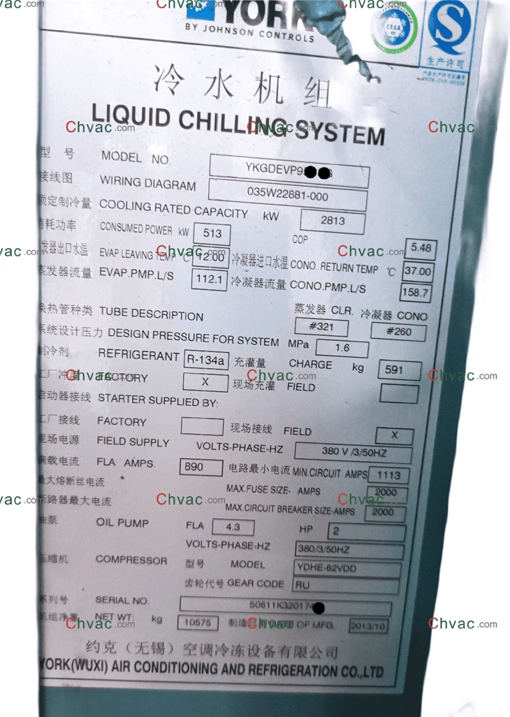 York YK 2813KW vattenkyld kylare